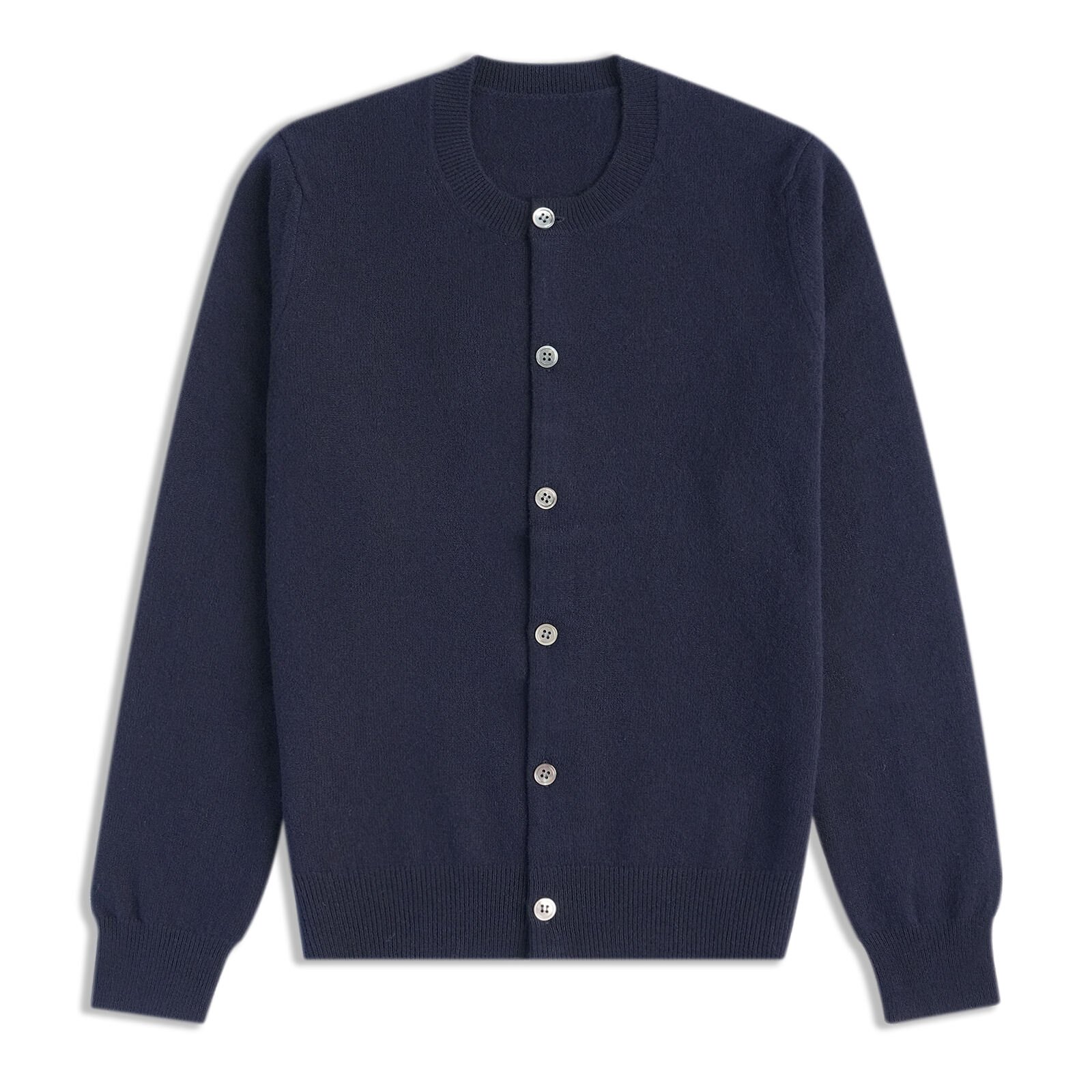 Crew Neck Button-Front Knit Cardigan Sweater, Navy Blue, Long Sleeve