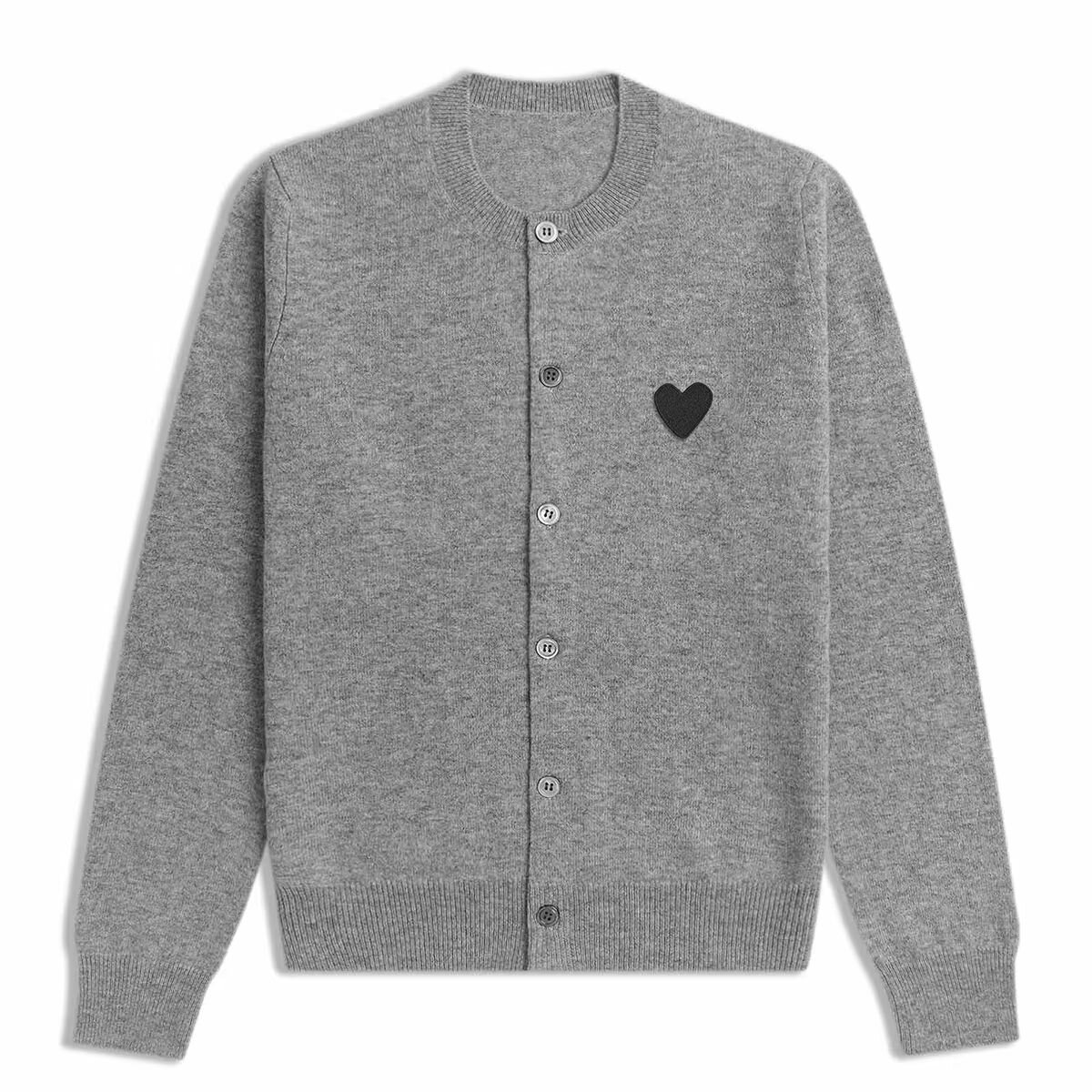 Gray Button-Front Knit Cardigan with Heart Embroidery